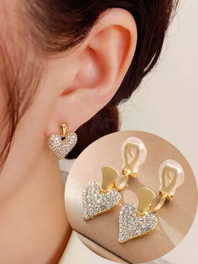 1 par de pendientes con corazón de cristal elegantes para mujer, pendientes de clip con un toque elegante, adecuados para uso diario y como regalo