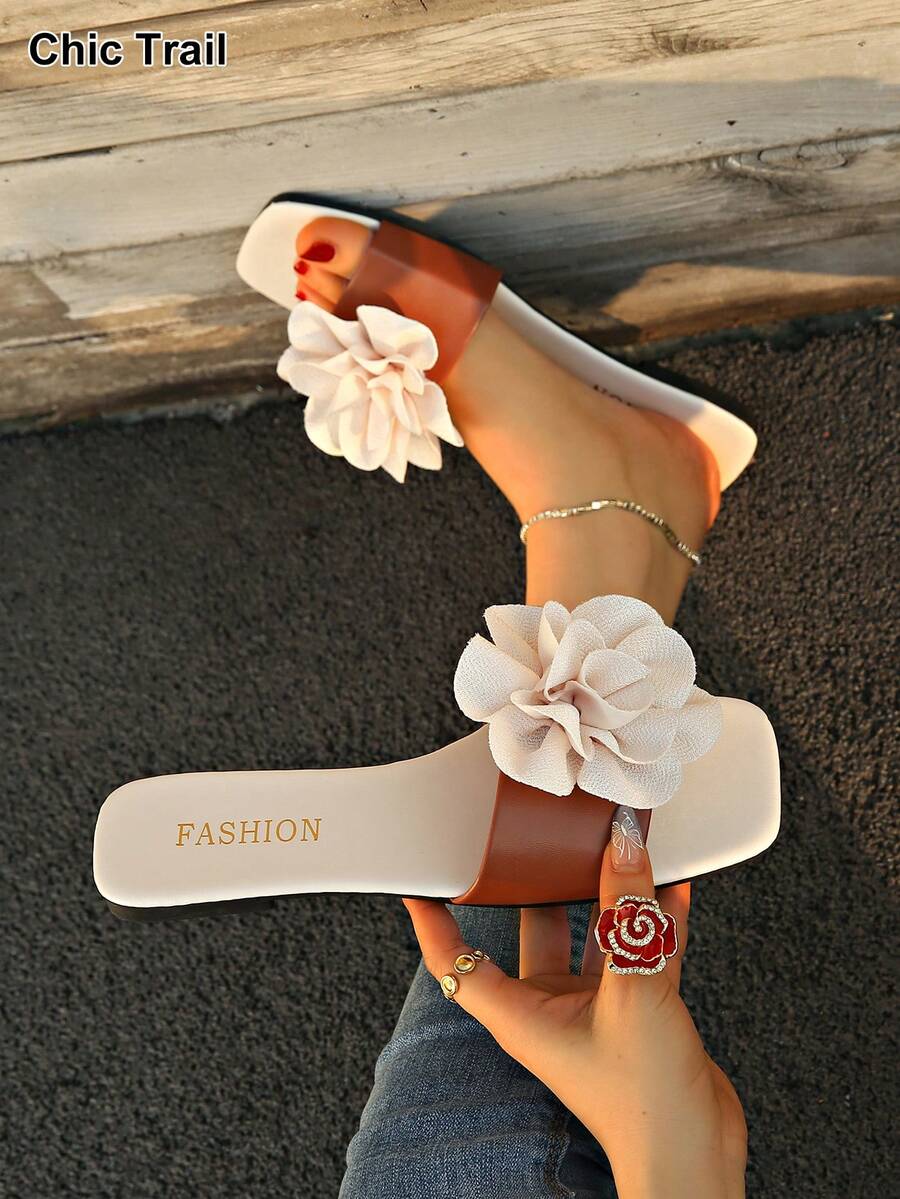 1 Pair Women's Slip-On Elegant Comfortable Crystal Rhinestone Decorated Flat Fashion Sandals - Brown - View 1