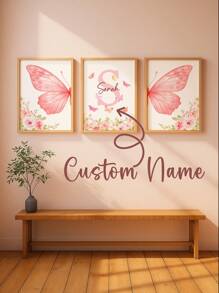 3pcs Frameless Personalized Custom Name Wall Art, Elegant Butterfly And Floral Design Canvas Prints, Customizable Kids Room Decor, Nursery Art, Aesthetic Pink Wall Posters, Unique Gift For Girls, Perfect For Birthdays,Multi-Functional,Ornamental,Letter,Stylish,Modern,Colorful,Cute,Adorable,Casual,Custom,Personalised,Unique,Customized,Ideal Gifts For Him,Ideal Gifts For Her