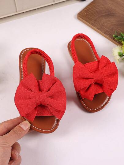 1 双红色加大码婴幼儿女童平底凉鞋，纯色网眼大蝴蝶结装饰，可调节绑带，圆头防滑轻便鞋底，时尚可爱罗马凉鞋，适合 3-15 岁女学生休闲、派对、旅行，2025 年春夏