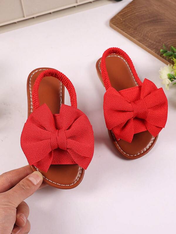1 Pair Red Plus Size Infant/Toddler Girls Flat Sandals With Solid Color Mesh Big Bow Decor Adjustable Strap Round Toe Non-Slip Lightweight Sole, Fashion, Cute Roman Sandals For 3-15 Years Old Girl Students Casual, Party, Travel, Spring/Summer 2025