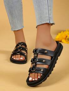 Women's Basic Fashion Casual Slippers, Rivet Decor, Suitable For Indoor/Outdoor, Beach - Black - View 2