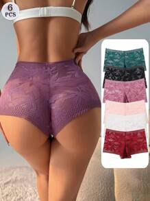 6 PCS Women's Sexy Lace Boxer Shorts Mid Waist Seamless Panties Tummy Control &Butt Lifter Stretch Lingerie Comfortable And Breathable Briefs Sports Underwear