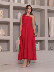 Victoria Luxury Duna Linen Midi Dress With One Shoulder Bow - Red - View 3