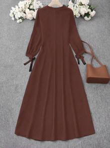 Women Solid Color Round Neck Long Sleeve Pocket Casual Arabic Dress, Modest