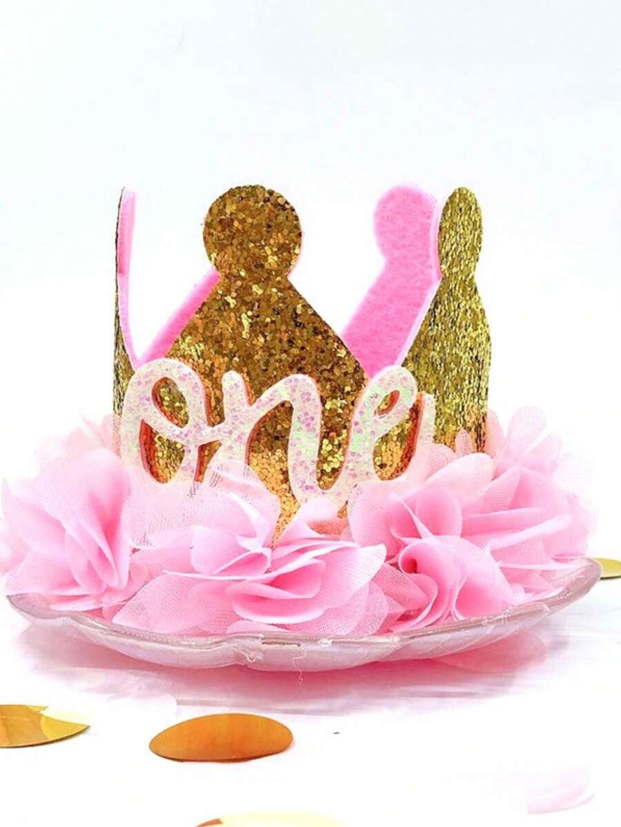 1pc Sparkly Boho Birthday Crown Headband, Party Accessories, Spring/Summer - Pink - View 1