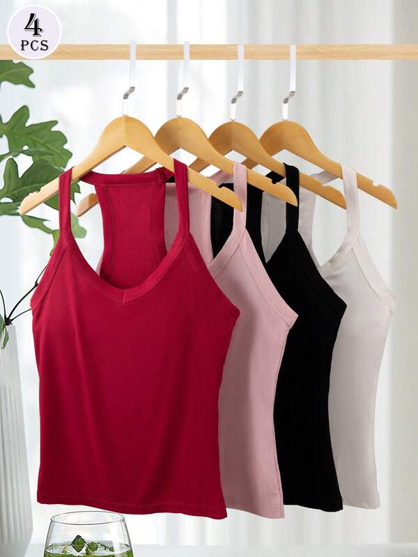 4pcs/Set Women's Solid Color Comfortable Versatile Camisole Tops