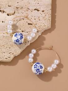 1 Pair Vintage Handpainted Blue And White Porcelain Beaded Earrings, Elegant Dangle Earrings For Women