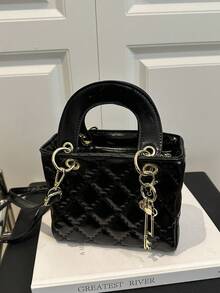 Spring/Summer New Women's Handbag, Toffee Color, Retro Fashion Rhombus Pattern Mini Tote Bag, Square Shape, Zipper Closure, Adjustable Long Shoulder Strap, Small Capacity Lightweight Crossbody Bag - Black - View 2