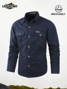 LEDUNTINO [春夏] 男士时尚纽扣休闲户外衬衫 纯绿色 运动 工装 男友礼物 男士长袖春秋上衣 多色 双口袋 翻领衬衫 - 藏蓝色 - 查看 1