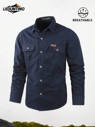 LEDUNTINO [Spring/Summer] Men's Fashion Button Up Casual Outdoor Shirt, Solid Green, Sports, Cargo, Boyfriend Gift, Men's Long Sleeve Spring Autumn Tops, Multicolor, Double Pocket, Lapel Shirt