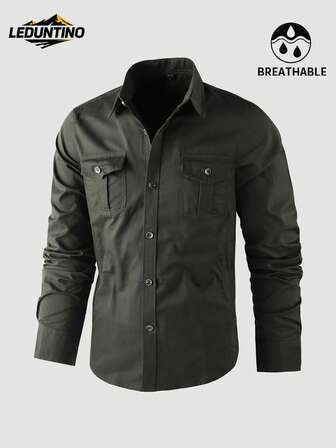 LEDUNTINO [봄/여름] 남성 패션 버튼 캐주얼 아웃도어 셔츠, 솔리드 그린, 스포츠 카고 남자친구 선물, 남성 긴팔 포켓 라펠 셔츠, 봄/가을 탑스