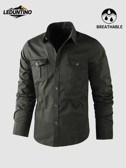 LEDUNTINO [Primavera/Verão] Camisa casual masculina com botões e estilo casual para atividades ao ar livre, verde sólido, presente esportivo cargo para namorado, camisa masculina de manga comprida com bolso e lapela, blusas primavera/outono