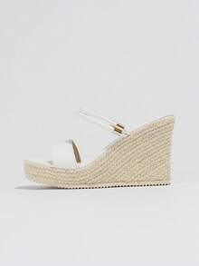 Giày sandal đế xuồng dày dặn cho nữ, dép lê đan bằng rơm, dép bít mũi cao gót quai đơn giản, đa năng, phù hợp với trang phục mùa xuân hè. - trắng - Xem 8