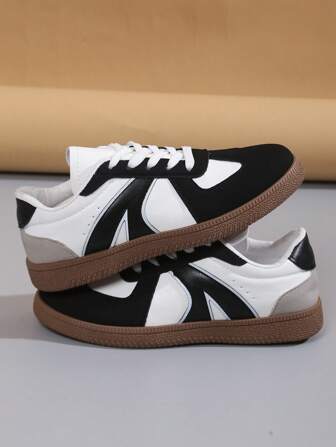 Unisex Casual Retro Lace-Up Black & White Patchwork Low-Top Sneakers, Minimalist Fashion Style Suitable For Daily Wear, Comfortable Fabric Upper, Rubber Brown Outsole, Durable Non-Slip, Versatile Design, Fit For Various Occasions, New Arrival Sports Shoes 2025