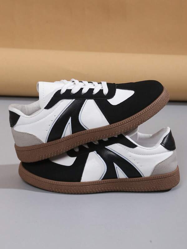 Zapatillas deportivas de estilo minimalista de moda unisex con diseño de patchwork en blanco y negro, cierre de cordones, suela exterior de goma marrón duradera y antideslizante, adecuadas para uso diario en diferentes ocasiones, nuevo modelo 2025