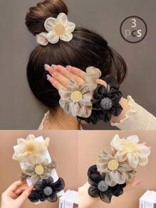 3pcs Girls' Floral Hair Accessories Set For Buns Including Beige Organza Flower Hair Elastic, Brown Flower Hair Clip, And Black Hair Tie That Are Suitable For Daily Life