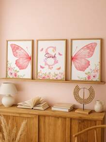 3pcs Frameless Personalized Custom Name Wall Art, Elegant Butterfly And Floral Design Canvas Prints, Customizable Kids Room Decor, Nursery Art, Aesthetic Pink Wall Posters, Unique Gift For Girls, Perfect For Birthdays,Multi-Functional,Ornamental,Letter,Stylish,Modern,Colorful,Cute,Adorable,Casual,Custom,Personalised,Unique,Customized,Ideal Gifts For Him,Ideal Gifts For Her