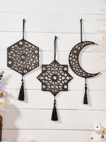 1 pieza Decoración colgante de forma de luna hueca hexagonal/octogonal de madera negra con borla negra, ornamentos colgantes creativos modernos de madera negra, disponible en varios estilos, adecuado para fiestas, decoración de pared, regalos decorativos, hogar, accesorios de arte
