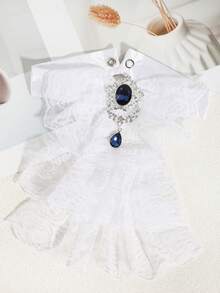 1 件女士时尚复古白色/黑色多层荷叶边蕾丝水钻仿宝石装饰可拆卸领口胸针，适合舞台表演、约会、派对、西装搭配