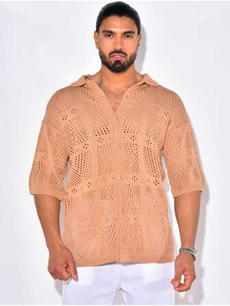 Men's Fashion Casual Knitted Polo Collar Short Sleeve Sweater, Mesh Hollow-Out Cardigan