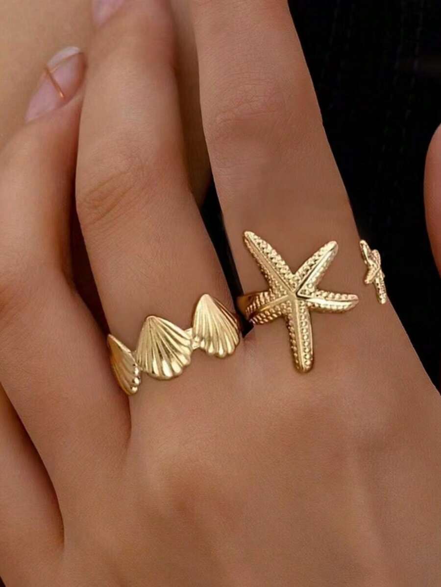 1 Set Of 2pcs Adjustable Starfish & Shell Design Rings, Personalized Ocean Style Vacation Jewelry For Women - Gold - View 1