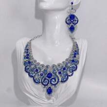 3 件套奢华新娘首饰套装：项链、耳环，适合婚礼、宴会、正式场合 - 藍色 - 查看 7