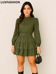 Duna Boho Chic Long Sleeve Ruffle Dress With Elegant Belt - Moss Green - View 1