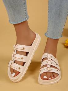 Sandalias casuales de moda básicas para mujer, con decoración de remaches, aptas para uso en interiores, exteriores y playa - Beis - Ver 2