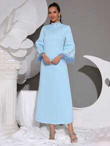 Modphy 2025 New Elegant High Collar Rhinestone Faux Feather Flare Sleeve Slim Fit Long Dress, Women's Formal Dress For Graduation, Party, Banquet, Gown, For Evening, Wedding Guest - Baby Blue - View 4