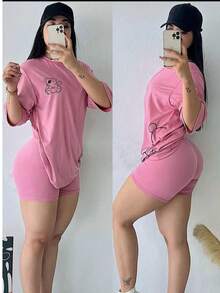 Conjunto de 2 piezas comodo camiseta amplia estampada y short ajustado - Rosa - Ver 2