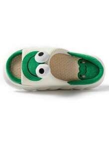 1 par de pantuflas planas y cómodas de lino y estampado de dibujos animados, antideslizantes, unisex, para todo el año