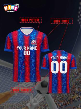 Camiseta de fútbol infantil con cuello en V - Crystal Palace, parte superior transpirable de secado rápido para primavera/verano, personalizable con nombre y número, ropa deportiva casual cómoda y transpirable de ajuste ceñido para correr al aire libre, rojo y azul