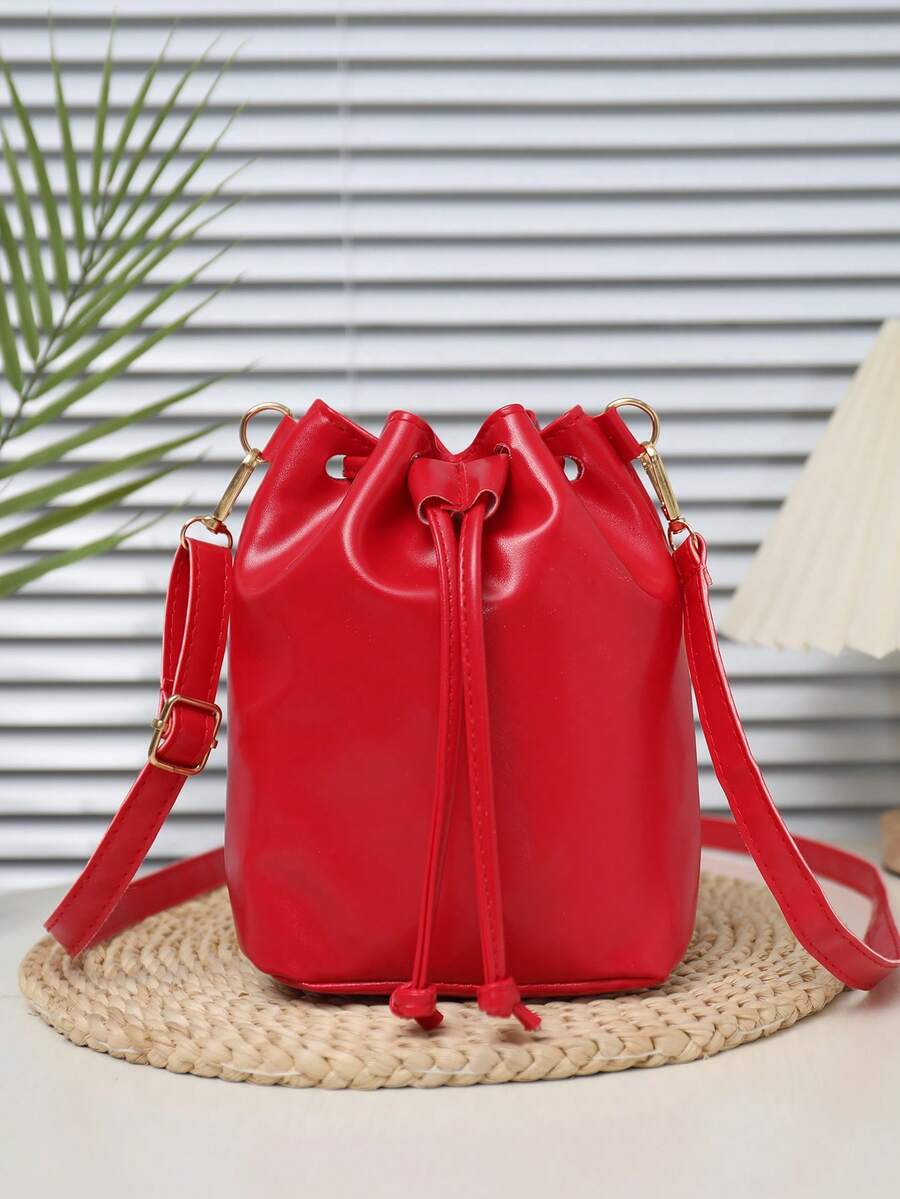 Women's Minimalist Daily Commute Draw String Shoulder Bucket Bag - Red - View 1