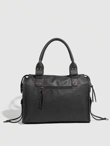 新款女士手提包，水洗皮革托特包，大容量钱包，复古单肩包，女士黑色旅行包 - 深灰色 - 查看 5