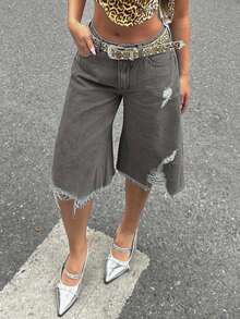Women's Distressed Asymmetrical Hem Denim Capri Shorts - Grey - View 5