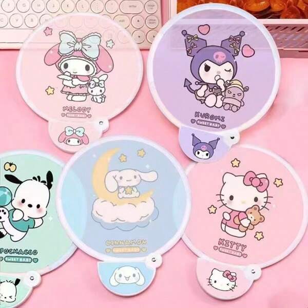 Sanrio مروحة يدوية قابلة للطي لطيفة جديدة من سانريو، مروحة صغيرة دائرية من القماش الكرتونية، محمولة للصيف