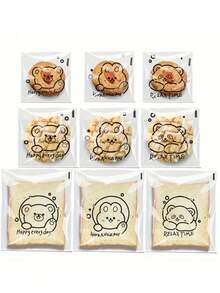 50个1套透明自粘卡通图案面包袋随机包装袋一次性食品包装袋耐油牛皮纸袋吐司袋甜甜圈贝果袋 - 動物表情袋50pcs - 查看 3