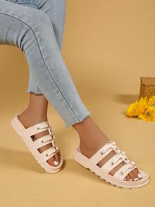 Sandalias casuales de moda básicas para mujer, con decoración de remaches, aptas para uso en interiores, exteriores y playa - Beis - Ver 1