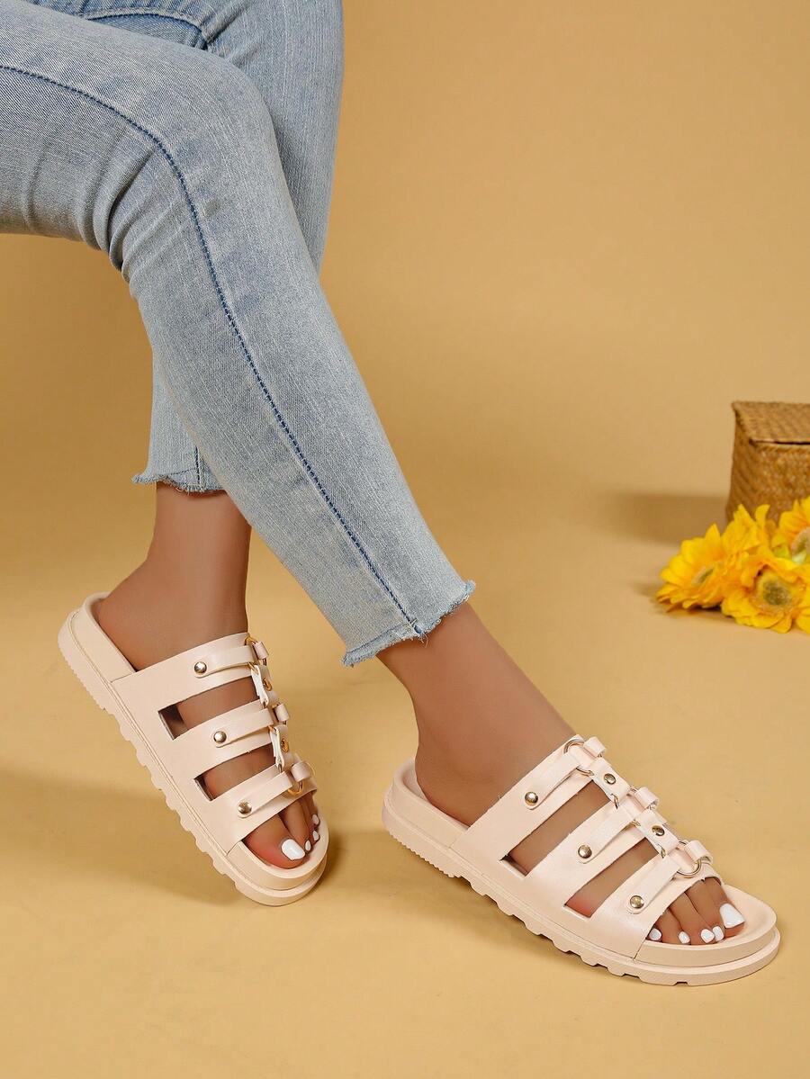Sandalias casuales de moda básicas para mujer, con decoración de remaches, aptas para uso en interiores, exteriores y playa - Beis - Ver 1