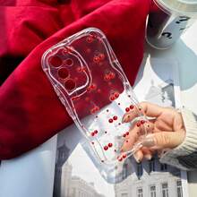 1 件樱桃水果可爱卡通简约透明 3D 波浪全覆盖防摔手机壳，兼容三星/Spark/Infinix/OPPO 手机防水防震防刮 - 彩色 - 查看 3