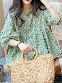 YUXIN 夏季新款宽松甜美3/4袖圆领休闲衬衫，时尚蝙蝠翼碎花衬衫