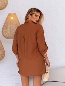 Elegant Marrant Set | Three-Quarter Sleeve Shirt And Sophisticated Skirt Shorts | With Belt - 棕色 - 查看 8