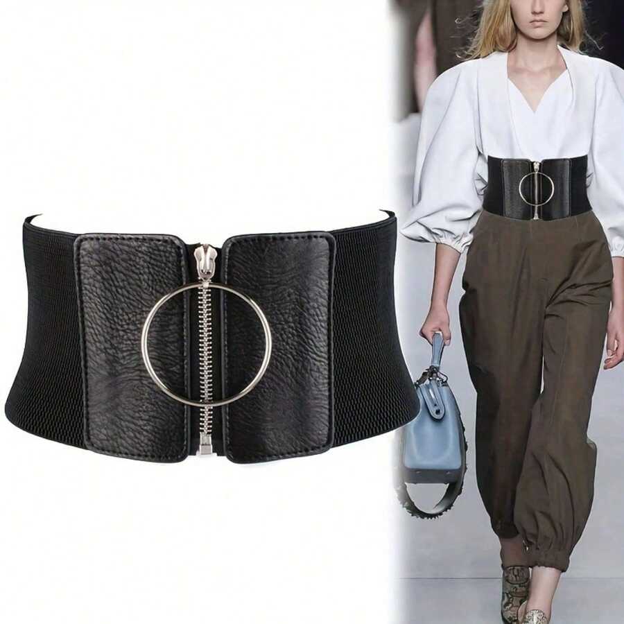 1 Large Circular Zipper Wide Waistband, Black Elegant Elastic Waistband Can Be Paired With Dresses, Jackets, Women's Waistbands, Suitable For Daily Holiday Occasions, Valentine's Day, Mother's Day Gift Giving, The Best Choice - 黑色 - 查看 1
