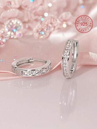 Artepollo 1 pieza Pendientes de aro de plata de ley 925 hipoalergénicos, incrustados con circonita cuadrada, minimalistas y elegantes, adecuados para uso diario o festividades, regalo para niñas, amigas, vuelta al colegio