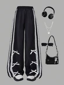 Fashion Girl Casual Black Pants With Lace Webbing And Bow Decorations On Both Sides Of The Legs, Suitable For Spring, Summer, And Autumn Wear, Can Be Used For Spring Outings, Outdoor Activities, Travel, And Daily Wear, Making It An Excellent Gift For Girls - Black - View 1