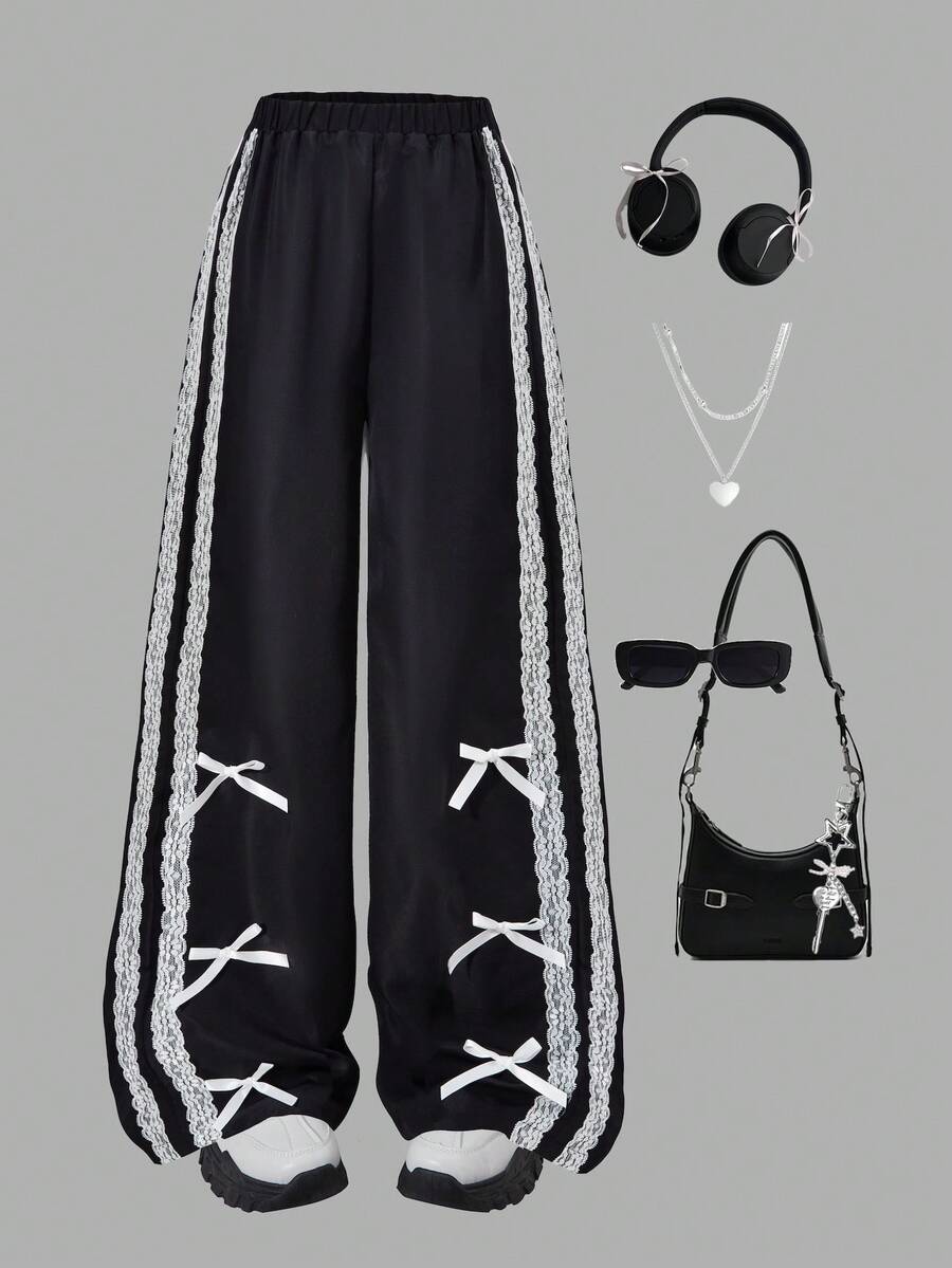 Fashion Girl Casual Black Pants With Lace Webbing And Bow Decorations On Both Sides Of The Legs, Suitable For Spring, Summer, And Autumn Wear, Can Be Used For Spring Outings, Outdoor Activities, Travel, And Daily Wear, Making It An Excellent Gift For Girls - Black - View 1