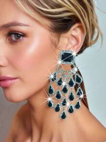 1 par de brincos pendurados com borla em forma de gota d'água de cristal preto, decoração elegante para maquiagem/festa