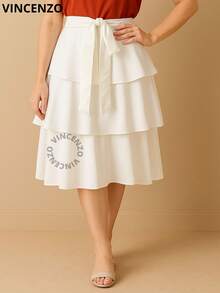 Layered Godet Midi Skirt With Elegant Bow Belt High Waist Christian Fashion Social Comfortable Full-Bodied Fabric - 白色 - 查看 1