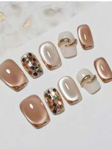 Bộ 10 móng tay giả thủ công - Thiết kế mắt mèo nâu lấp lánh và rắn vàng, hình vuông vừa với điểm nhấn kim tuyến - Móng tay giả thanh lịch dành cho nữ - Nhiều màu - Xem 4
